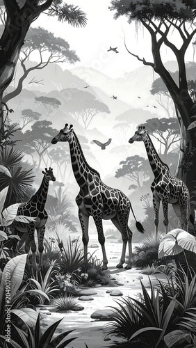 Monochrome artwork of giraffes in their natural forest habitat