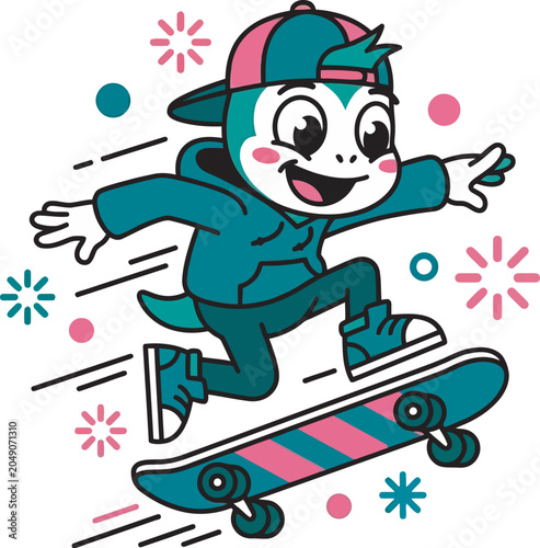 Energetic cartoon mascot character riding a skateboard, joyfully performing tricks with flair