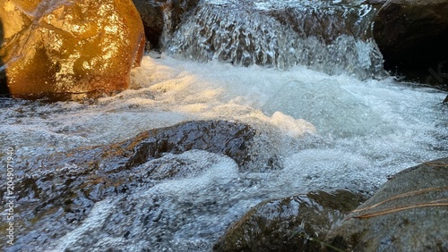 Quadro su tela Scenic flowing water texture with sparkling sunlight and rocky riverbed in a natural forest setting