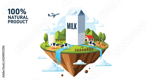 Floating island landscape promoting 100 percent natural milk with a giant carton, grazing cows, a farmhouse, and a clear stream under a blue sky.