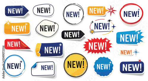 Wide variety of colorful and creatively shaped new product labels and stickers for marketing, promotion, and retail announcements in store windows.