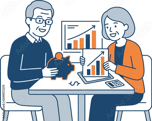 Senior couple planning their finances with a piggy bank and investment charts at a table.