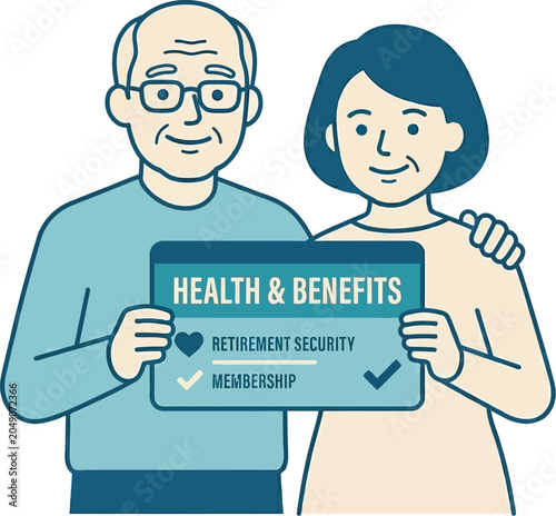 Senior couple displaying a health and benefits card for retirement security and membership.