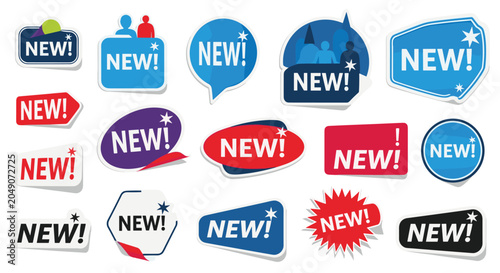 Collection of colorful new stickers and labels in various shapes for marketing, retail, and promotional purposes.