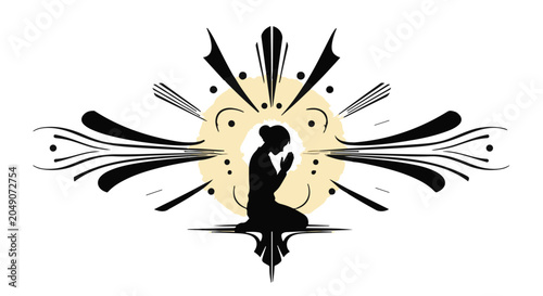 Woman silhouette kneels in prayer with an ornate sunburst design behind her.