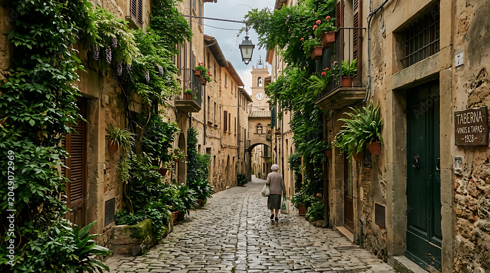 Obraz premium Atmospheric view down an ancient cobblestone street lined with historic rustic stone architecture