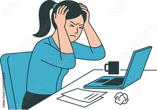 Stressed office worker gripping her head, feeling overwhelmed at a desk with a laptop.