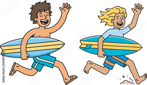 Two joyful cartoon surfers running with surfboards, ready for ocean adventures