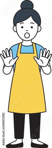Surprised woman raising palms in a yellow apron on a transparent background