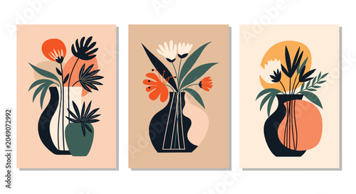 Abstract floral art posters featuring minimalist vases with stylized flowers and leaves in a modern earth-tone palette.