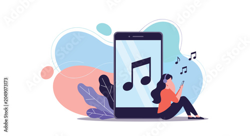 Young woman listens to music with headphones while leaning against a giant smartphone with musical notes floating in the background.