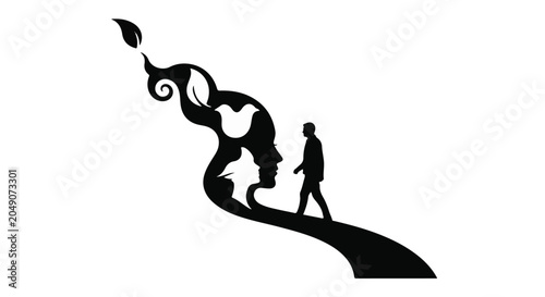 Man walks along a path shaped by abstract human faces and natural elements.