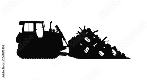 Bulldozer Pushing Debris Pile Black Silhouette construction