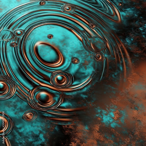 Abstract digital image of concentric circles, ripples, reflective textures in teal and black tones with fluid appearance