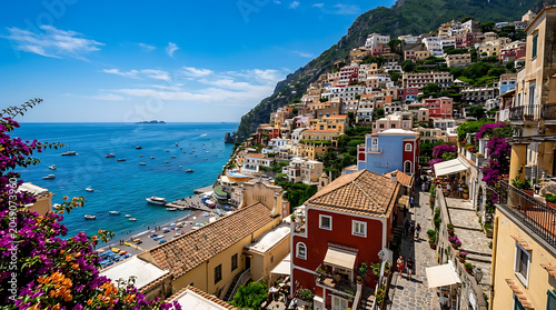 A stunning view of densely packed colorful buildings cascading down a scenic hillside toward the bright blue ocean