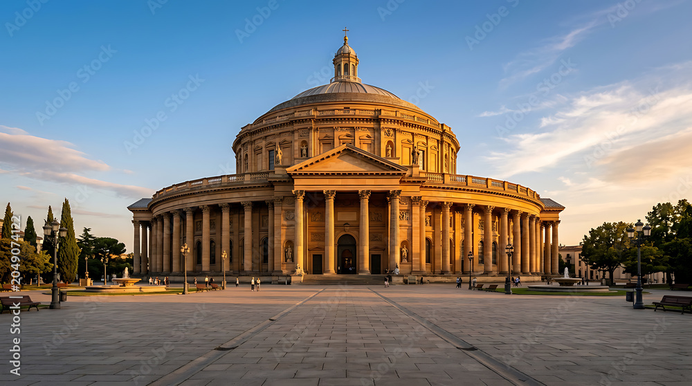 Obraz premium Majestic classical architectural masterpiece viewed from a wide perspective against a bright blue sky during golden hour
