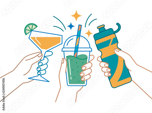 Three hands clinking refreshing drinks in a celebratory toast with a bright, clean background.