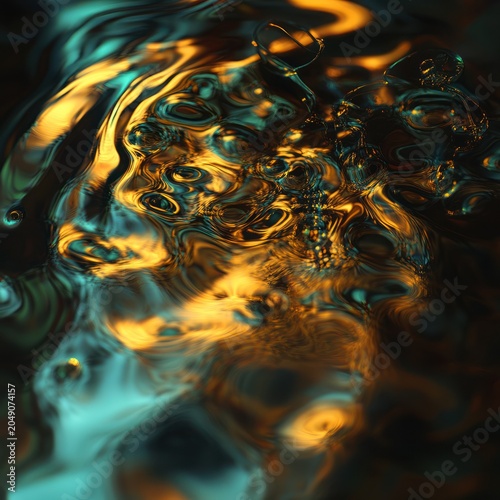 Abstract fluid with shimmering gold and dark teal swirls