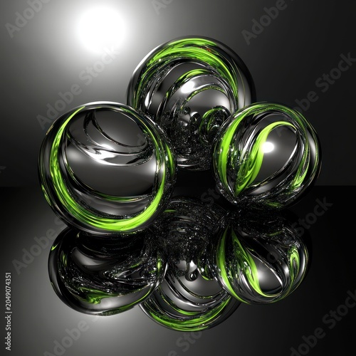 Reflective metallic spheres with green accents on dark background
