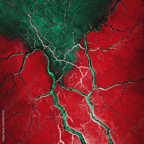 Cracked earth with vivid red and green terrain and lightning