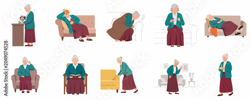фотографія Senior woman feeling unwell flat character set