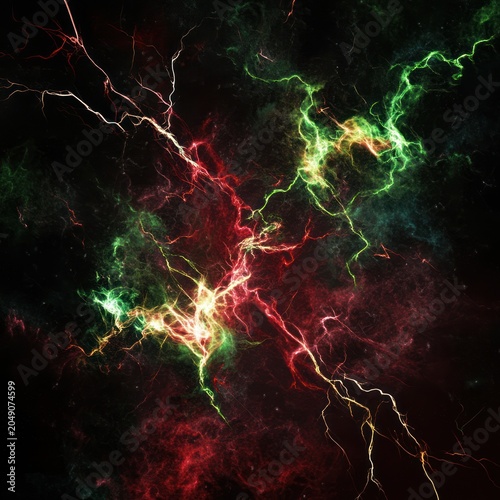 Vibrant cosmic lightning streaks illuminate dark space scene