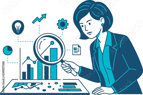 Businesswoman analyzing data with a magnifying glass in a digital environment