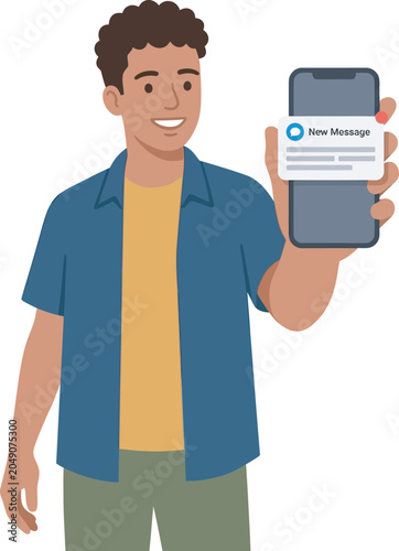 Young man smiling and holding a smartphone with a new message notification in an illustration.
