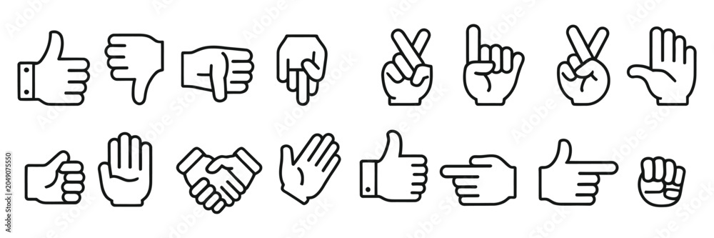 Fototapeta premium Hand Gestures Icon Set Featuring Handshake Clapping Hands Horns Thumb Up Finger Middle Finger Helping Hand Heart Symbol and Communication Signs