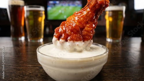 Spicy Buffalo Chicken Wing Dipped in Ranch Dressing at Sports Bar with Beer