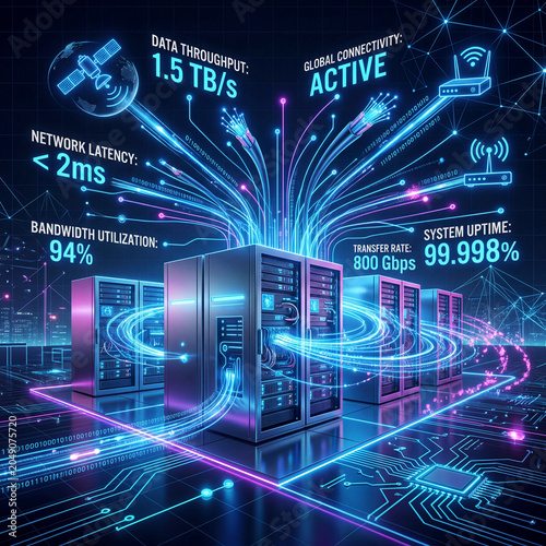 Server racks processing high-speed data flow connectivity