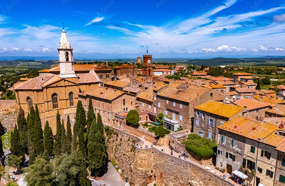 Obraz premium Aerial view of Pienza, a town in the province of Siena, Tuscany, in the historical region of Val d'Orcia, Italy. UNESCO World Heritage Site