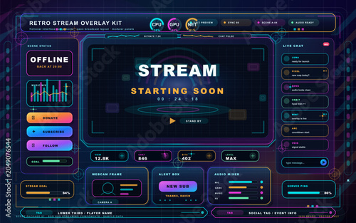 Принти на полотні Retro stream overlay kit shows the status of a live stream with various sections