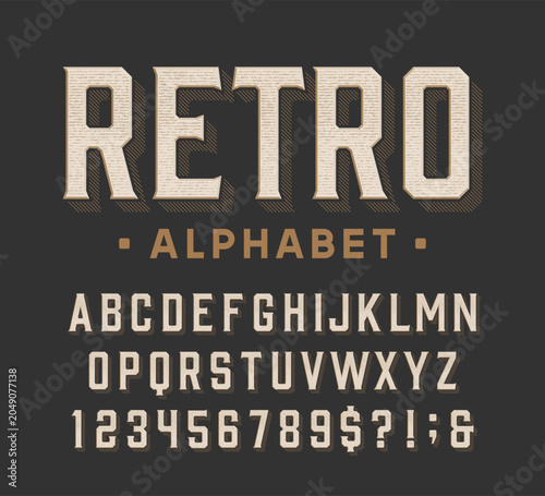 Retro alphabet font. Faded distressed letters and numbers with a dirty scratched texture. Vector typescript for vintage labels, poster headlines, badge design, and old signage.