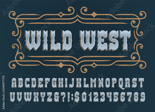 Wild West alphabet font. Faded distressed letters and numbers with a dirty scratched texture. Vector typescript for vintage labels, poster headlines, badge design, and old signage.