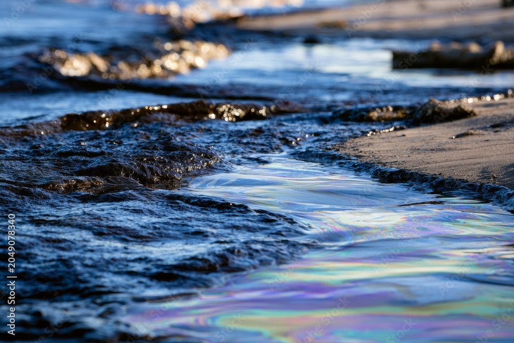 Obraz premium Water flows along the shore showing colors under sunlight near a beach in the early morning hours