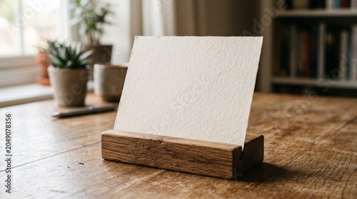 Horizontal wood card holder with blank white textured paper mockup on a wooden table in a bright cozy room.