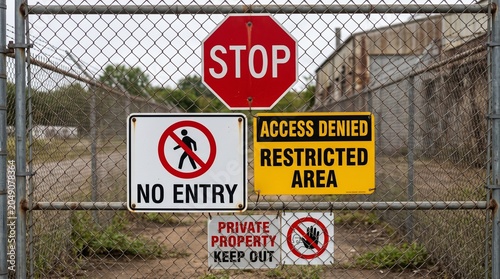 Multiple warning signs on a chain link fence: Stop, No Entry, Restricted Area, and Private Property Keep Out.