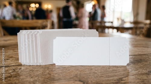 Stack of Blank White Paper Tickets on Wooden Table at Event Venue.