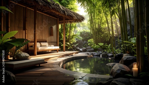 Serene outdoor spa scene with wooden structures and lush bamboo