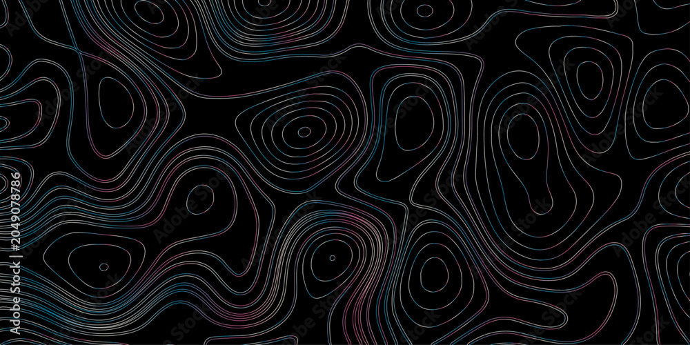 Fototapeta premium topographic seamless abstract topographic map pattern design with gray contour lines on a black background surface view. Topographic map lines, contour background.