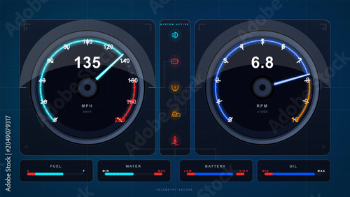 Quadro su tela Speed and engine metrics display shows vehicle speed at 135 mph and RPM at 6