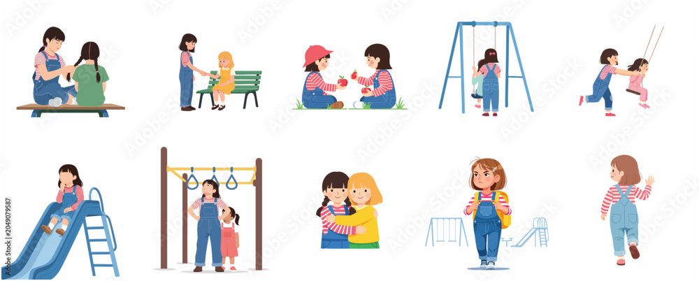 Fototapeta premium Vector Illustration Collection of Little Girls in School and Playground Activities Showing Friendship and Emotions