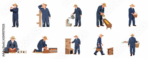 Set of senior farmer character illustrations in blue overalls and straw hat performing various agricultural tasks such as feeding chickens and collecting eggs isolated on white background
