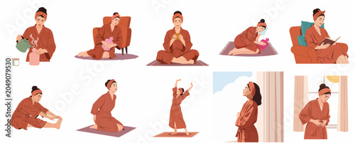 Valokuva Vector illustration set of a young woman practicing self-care and managing menstrual pain at home with heat therapy, relaxation, and healthy habits