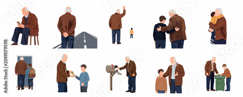 Canvas-taulu Set of flat vector illustrations depicting a grandfather and grandson in various emotional scenes including travel, farewells, and meaningful family connections