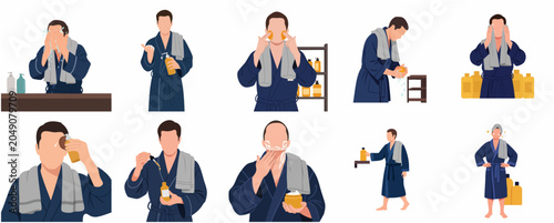 Foto Vector illustration set of a man performing his daily skincare and grooming routine, featuring face washing, shaving, and applying moisturizer in a blue bathrobe