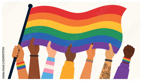 Tableau sur toile Diverse hands holding rainbow flag.