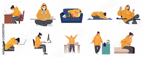 Canvas-taulu Flat vector illustration set of a young woman experiencing various health issues like period pain, stomach ache, and fatigue while working or resting at home
