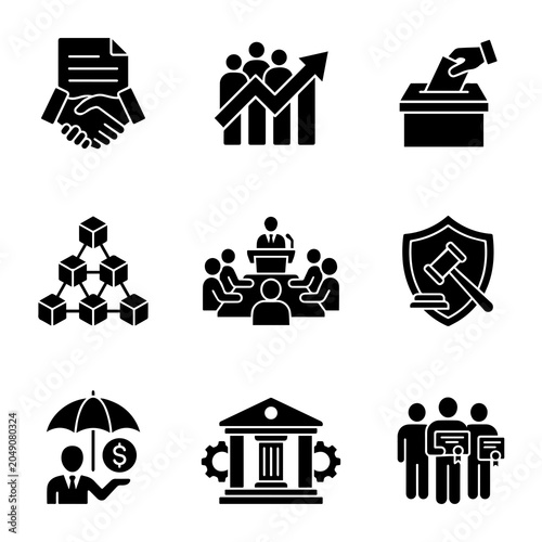 Set of business and corporate management solid vector icons with business